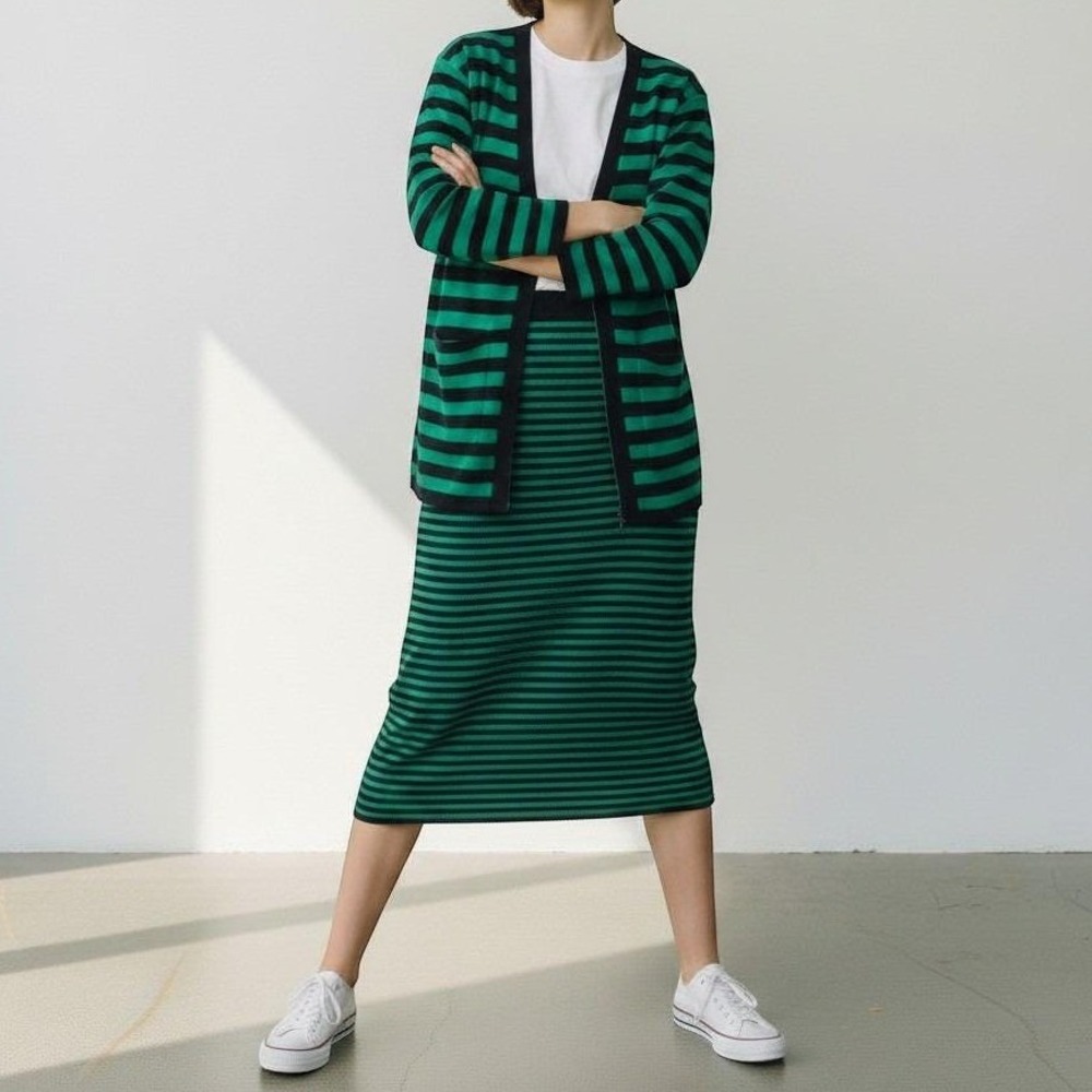 Crescendo Womens Striped Sweater Set Vintage 80's Lambswool Green Black Small